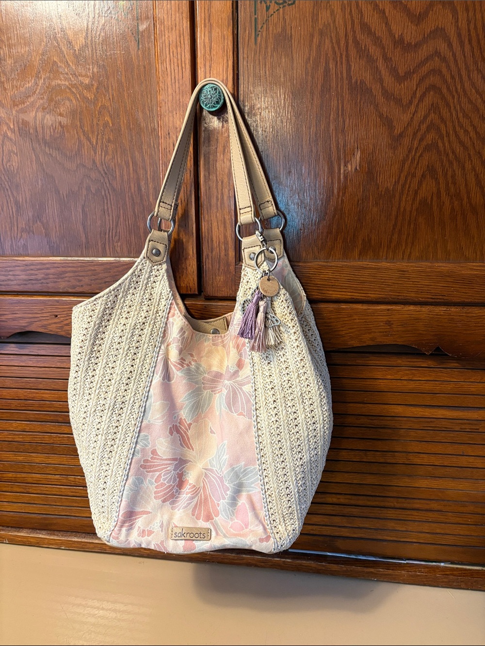 Sakroots Beige Crochet Shoulder Bag with Pastel Floral Panel - Picture 2 of 10